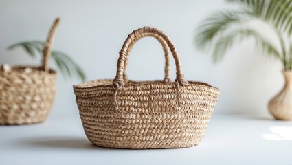 Fototapeta premium A woven straw handbag on a white surface with blurred potted plants in the background.