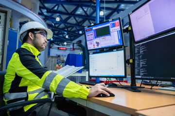 Engineer working at control room,Manager control system,Technician man monitoring program from a...