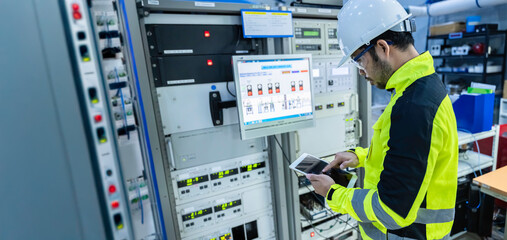 Electrical engineer woman checking voltage at the Power Distribution Cabinet in the control room,preventive maintenance Yearly,Thailand Electrician working at company
