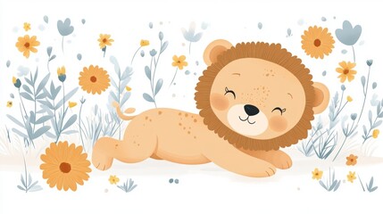 Fototapeta premium Illustration of a friendly lion cub lying among wildflowers with smiling face, whimsical and serene scene.