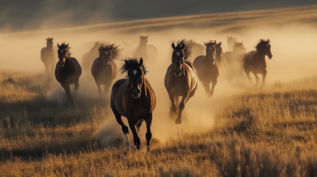Wild Horses Galloping at Sunset - Powered by Adobe
