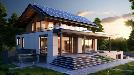 A photo of a modern house with solar panels