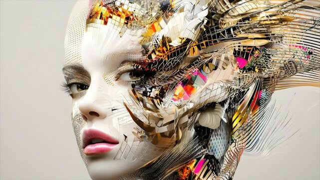 Abstract portrait of a woman with vibrant, chaotic collage elements emerging from her head
