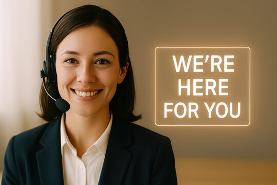 a customer service representative with headset smiling happily, offering help and support with a warm and friendly approach