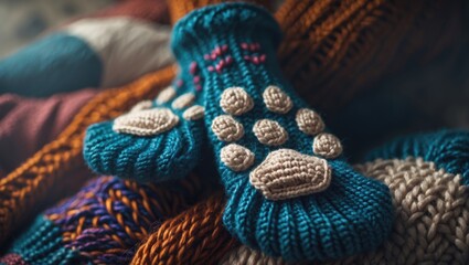 Fototapeta premium Colorful knitted mittens with white paw prints resting on a textured blanket. Warm and cozy winter accessories. The image emphasizes comfort and knitting craftsmanship.
