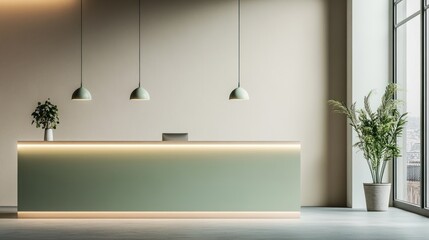 Minimalist reception desk with pale green surface, illuminated base, and three pendant lights above, complemented by potted plants and large window