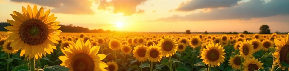 Obraz premium Golden hour sunlight bathes a field of vibrant sunflowers, creating a breathtaking landscape of nature's beauty Perfect for summer, agriculture, and nature themes , scenic, environment