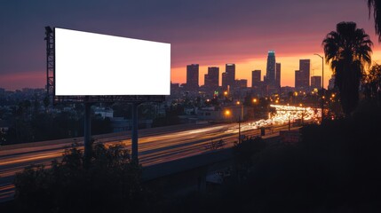 A blank billboard at dusk overlooks a city skyline and a busy highway with light trails