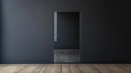 A minimalist composition featuring a dark room with a glass door and wood floor