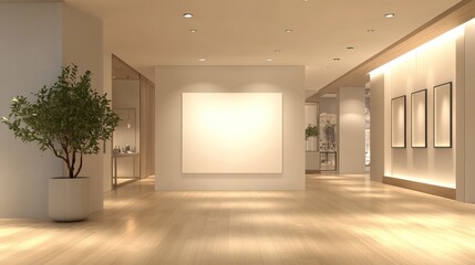A modern, brightly lit hallway with hardwood floors, recessed lighting, and minimalist artwork displayed on the walls.  A potted plant adds a touch of nature