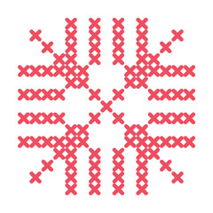 Cross-stitch pattern of a snowflake or flower design in red showcasing folk art