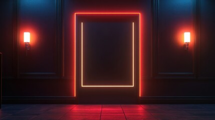 A dark hallway features a door outlined in bright neon orange and white, flanked by wall sconces emitting a warm red glow, reflecting on the floor
