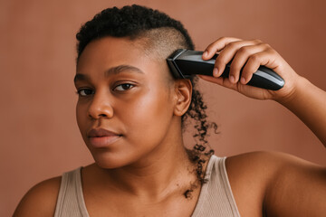 Obraz premium Confident young woman shaving short natural hair with electric clipper against neutral background, expressing self care and individuality