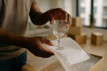Man carefully packing delicate wine glass in bubble wrap for safe moving with cardboard boxes in home interior daylight