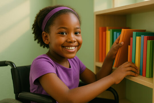 Smiling young girl in a wheelchair selecting colorful books from a wooden shelf in a sunlit room, promoting education and inclusion
