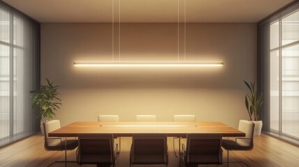 Modern minimalist conference room with long rectangular table and matching linear pendant light fixture, warm lighting, and neutral color palette