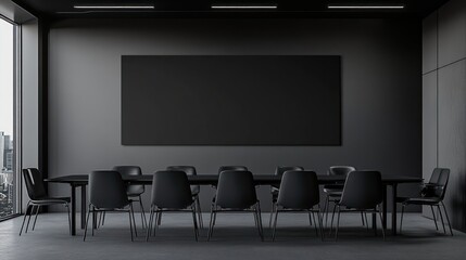 A minimalist conference room with a long black table, chairs, and a large blank wall canvas.  The room is dark grey and features a large window with a city view