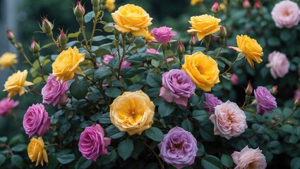 Colorful roses with yellow, pink, purple, and white blooms in a garden.