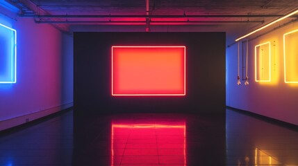 Neon-lit hallway with a central red illuminated square on a black wall, reflecting on a glossy floor, flanked by blue and yellow neon frames on the walls
