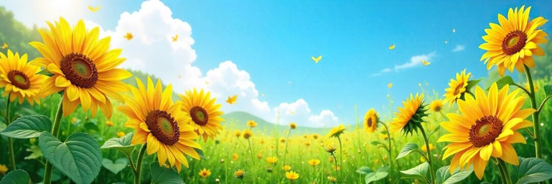 Vibrant summer scene with sunflowers, lush greenery, and a bright blue sky Perfect for summer holiday, travel, and nature themes Ideal for websites, blogs, and social media , bright, green