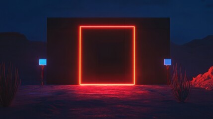 A nocturnal desert scene features a large black monolith with a vibrant, glowing red neon square frame, flanked by two small, glowing blue light fixtures.  The setting sun casts a warm, reddish hue