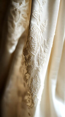Exquisite shimmering fabric detail of a luxurious wedding dress. Delicate embroidery reveals intricate patterns on elegant silk.