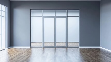 Interior space with gray walls, large windows, and wooden flooring