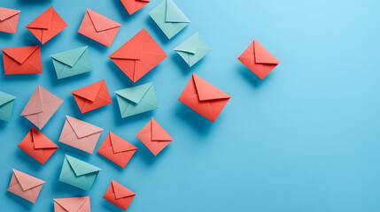 New email notification concept for business e-mail communication and digital marketing. Inbox receiving electronic message alert. Abstract minimalist design with cutout paper and blue background.