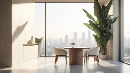 Modern dining room interior with large windows overlooking a cityscape and a large plant