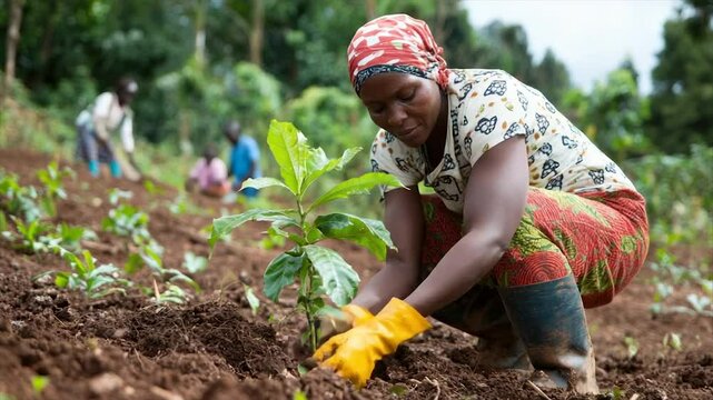 Woman planting a sapling in a field