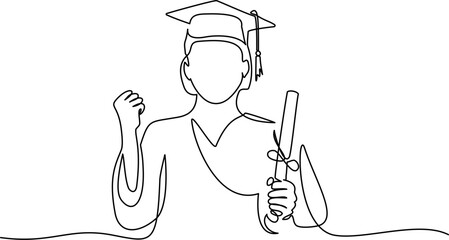 Graduating student wearing cap and gown. Continuous one line drawing.