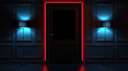 A dark room with a black door framed by red neon light, flanked by floor lamps emitting cyan light, set against paneled walls