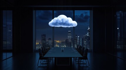 Night cityscape view from a dark, modern conference room, featuring a luminous cloud symbol hovering above a long table