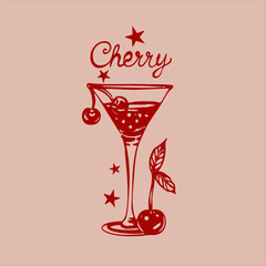 Hand-drawn vector in retro style with cherries, desserts, drinks, and vintage motifs. Red monochrome palette, nostalgic vibe, trendy 2025 design. 