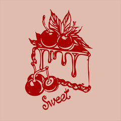 Hand-drawn vector in retro style with cherries, desserts, drinks, and vintage motifs. Red monochrome palette, nostalgic vibe, trendy 2025 design. 