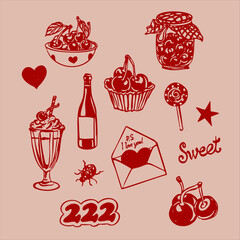 Hand-drawn vector in retro style with cherries, desserts, drinks, and vintage motifs. Red monochrome palette, nostalgic vibe, trendy 2025 design. 
