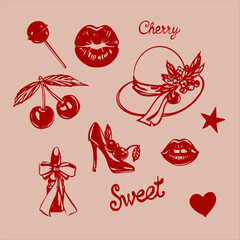 Hand-drawn vector in retro style with cherries, desserts, drinks, and vintage motifs. Red monochrome palette, nostalgic vibe, trendy 2025 design. 