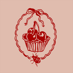Hand-drawn vector in retro style with cherries, desserts, drinks, and vintage motifs. Red monochrome palette, nostalgic vibe, trendy 2025 design. 
