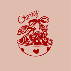 Hand-drawn vector in retro style with cherries, desserts, drinks, and vintage motifs. Red monochrome palette, nostalgic vibe, trendy 2025 design. 