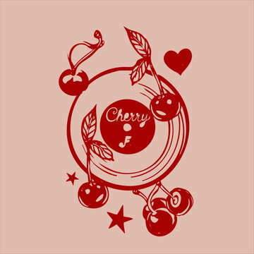 Hand-drawn vector in retro style with cherries, desserts, drinks, and vintage motifs. Red monochrome palette, nostalgic vibe, trendy 2025 design. 