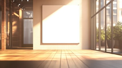 Sunlit interior showcasing a blank canvas on a wall, hardwood floors, and large windows overlooking a cityscape