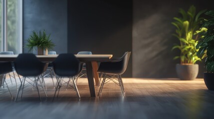 Modern minimalist dining room with a long wooden table, dark-colored chairs, and potted plants, bathed in warm, natural light streaming from a window