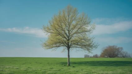 Obraz premium A solitary tree standing in a green field under a partly cloudy sky.