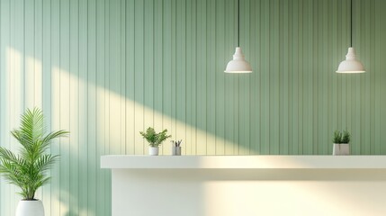 Minimalist interior design featuring a white reception desk against a light green slatted wall, illuminated by sunlight and two pendant lights; potted plants add a touch of nature
