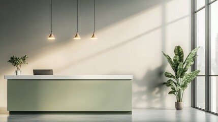 A minimalist reception desk in a contemporary space, bathed in soft sunlight streaming through a large window, features a muted green base and a white countertop.  Potted plants add a touch of nature