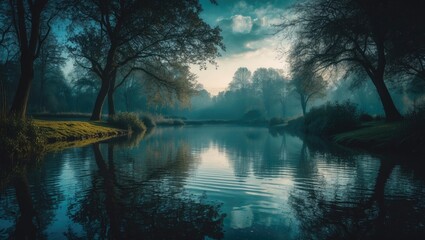 A peaceful river scene with trees and reflections, showcasing nature's tranquility.