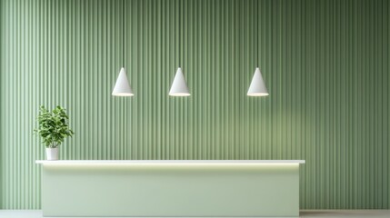Minimalist reception area with pale green fluted wall, white counter, and three pendant lights