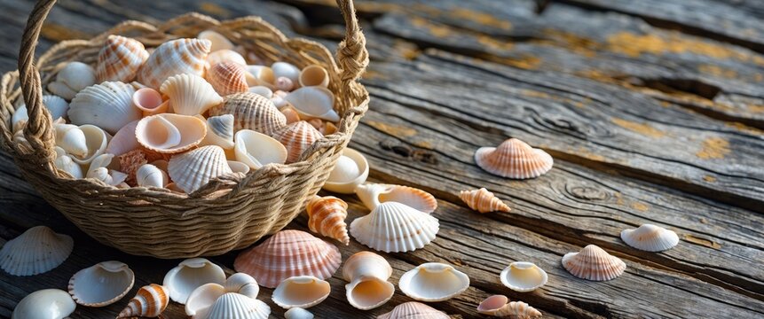 Basket of seashells on weathered wooden surface with shells scattered around. Coastal and nautical theme. Beach souvenirs and seaside decor. The concept of nature and marine life.