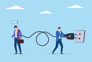 Vector illustration of a businessman putting a charge on another businessman, a symbolic representation of professional assistance, advice, and transfer of power in a collaborative work environment
