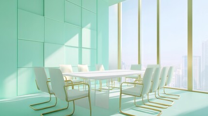 Modern mint-green meeting room with city view